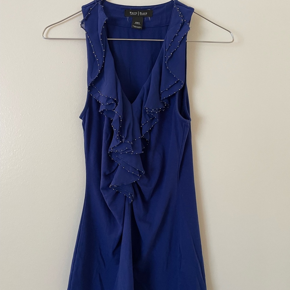 White House Black Market Blue Ruffled Sleeveless Blouse